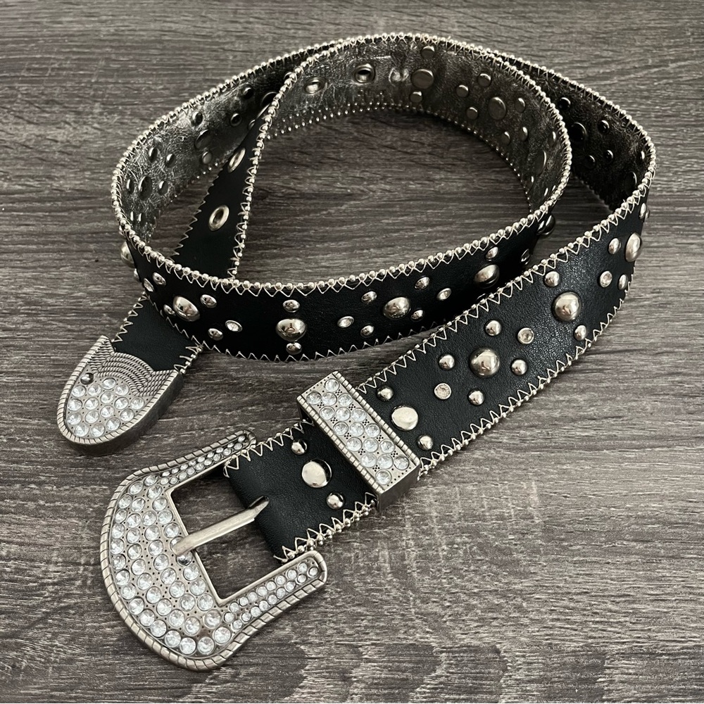 Kathy Van Zeeland Studded Black Western Belt with Rhinestone Buckle